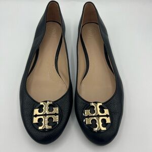 Tory Burch Black Leather Flats with Gold Logo. Size 10.5